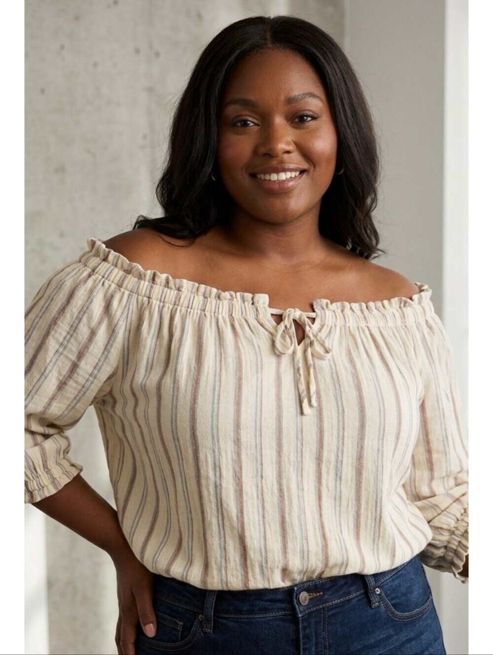 A.n.a Off Shoulder Striped Top Creamy White Size XL